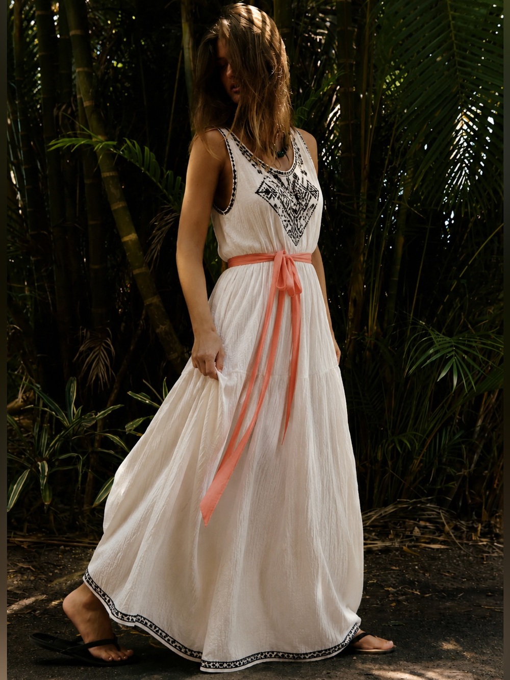 Young Threads Embroidered Boho Maxi Dress with Pink Sash Belt | Size Large